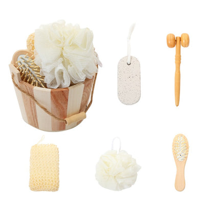 5PCS Bath tool set sisal bath brush airbag brush wood bucket foot brush