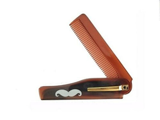 New Design-Plastic folding combs with clip coffee color printed moustache logo pocket size travle comb