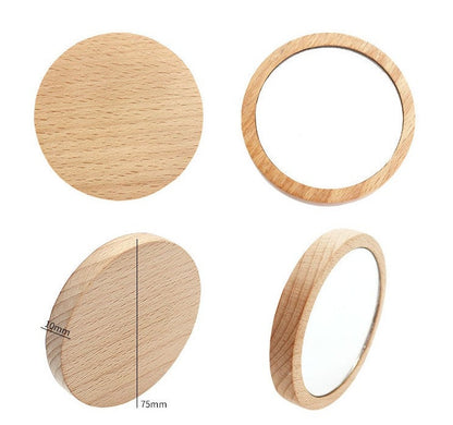 Engrave Logo-Bamboo wood handle mirror round mini mirror travel size mirror makeup tool