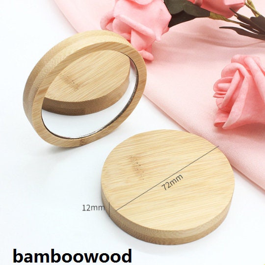 Engrave Logo-Bamboo wood handle mirror round mini mirror travel size mirror makeup tool