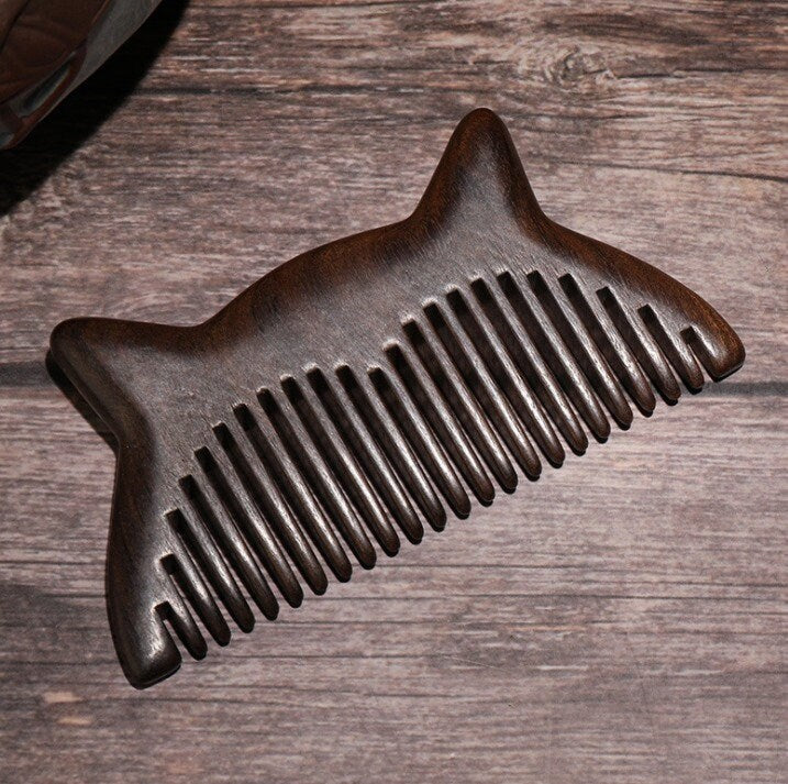 Engrave Logo-Green Sandalwood Comb Cat Shaped Wood Comb for Head Hair Facial Hair Beard Wooden Comb