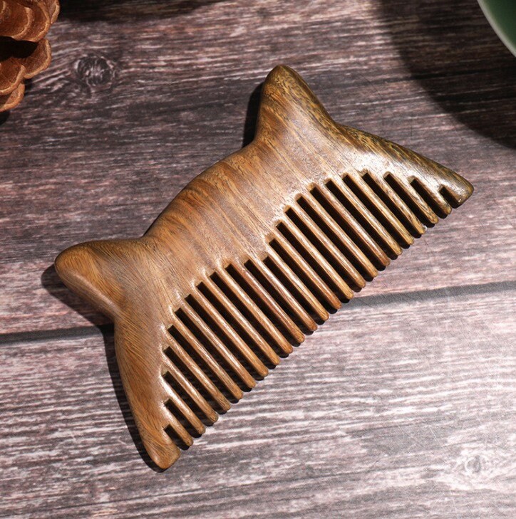 Engrave Logo-Green Sandalwood Comb Cat Shaped Wood Comb for Head Hair Facial Hair Beard Wooden Comb