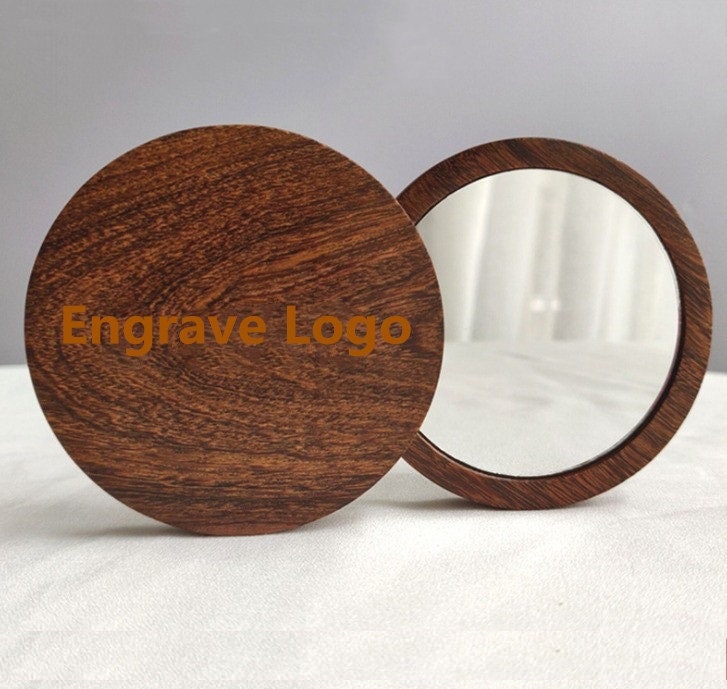 Engrave Logo-Blackgoldensandalwood wood handle mirror round mini mirror travel size mirror makeup tool