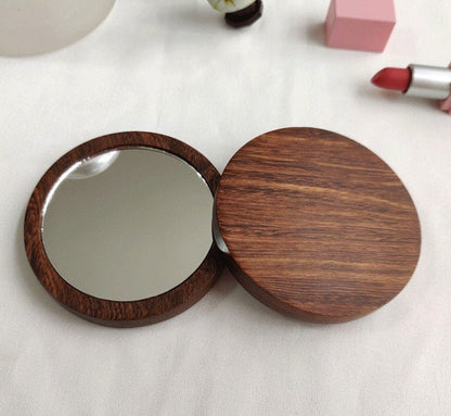 Engrave Logo-Blackgoldensandalwood wood handle mirror round mini mirror travel size mirror makeup tool