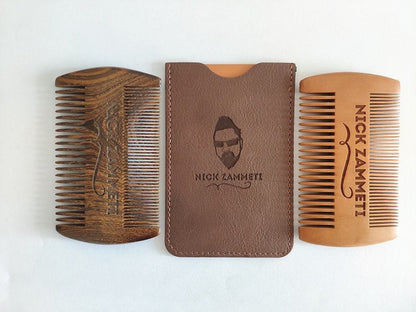 Engrave logo- Peach wood beard care combs with PU case two sides tooth wooden combs brushes Men grooming tool