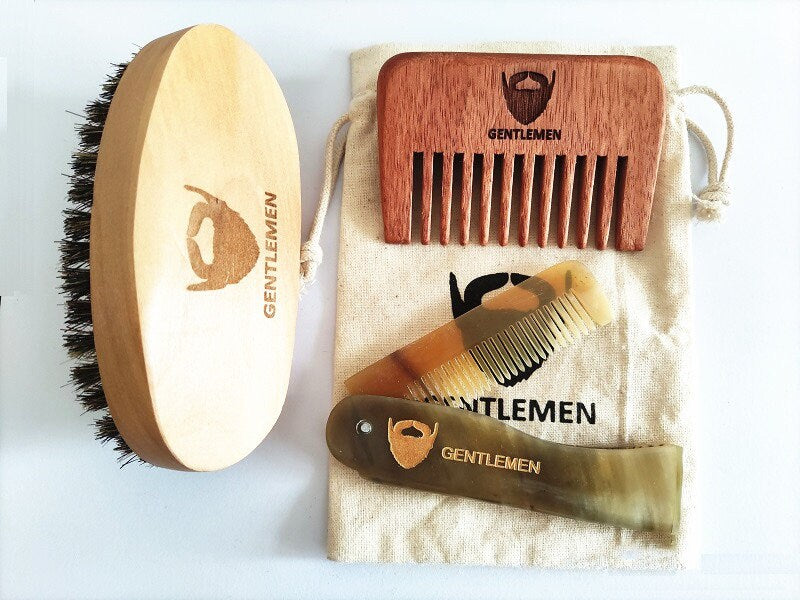 Boar Bristle Brush&Peach Wood Combs ox horn folding comb with bag Beard Care Sets for gentlemen gifts