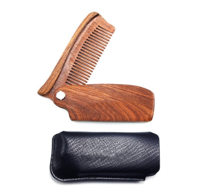 Handmade goldensandalwood combs folding comb for men beard care brush with PU case