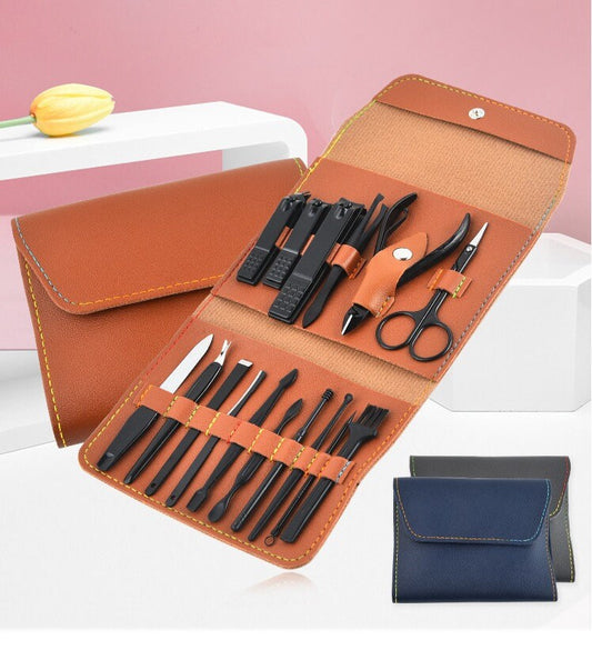 Customize Logo-16-pieces Black nail clipper set Nail Clipper Set With Pu Case